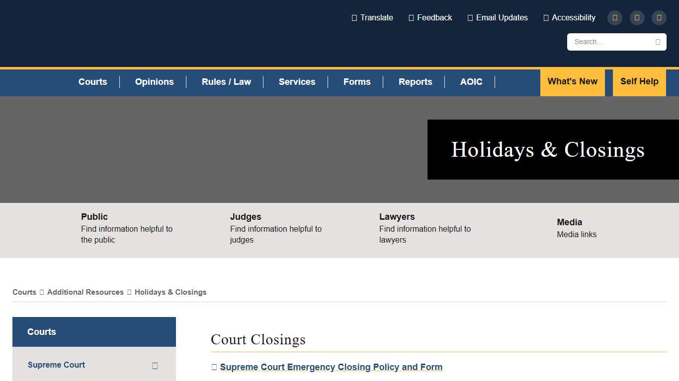 Court Holidays & Closings for Courts and Administration